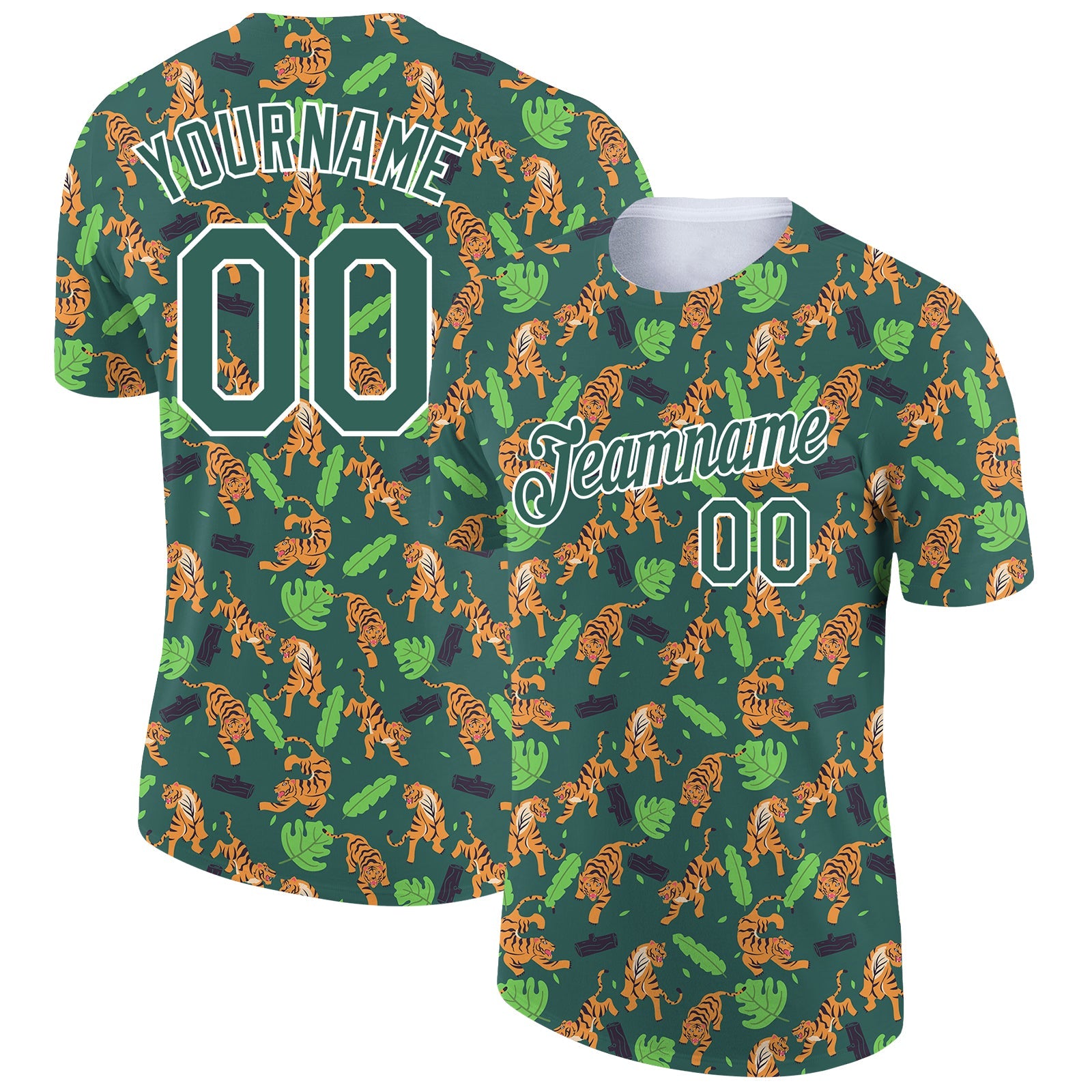 Custom Kelly Green White 3D Pattern Design Tiger Performance T-Shirt - Main View