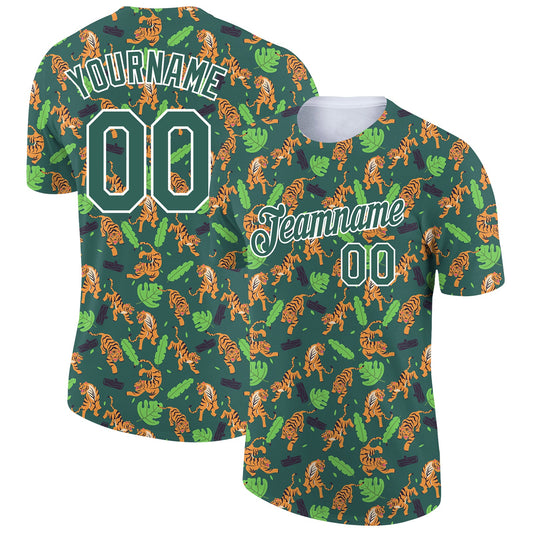 Custom Kelly Green White 3D Pattern Design Tiger Performance T-Shirt - Main View