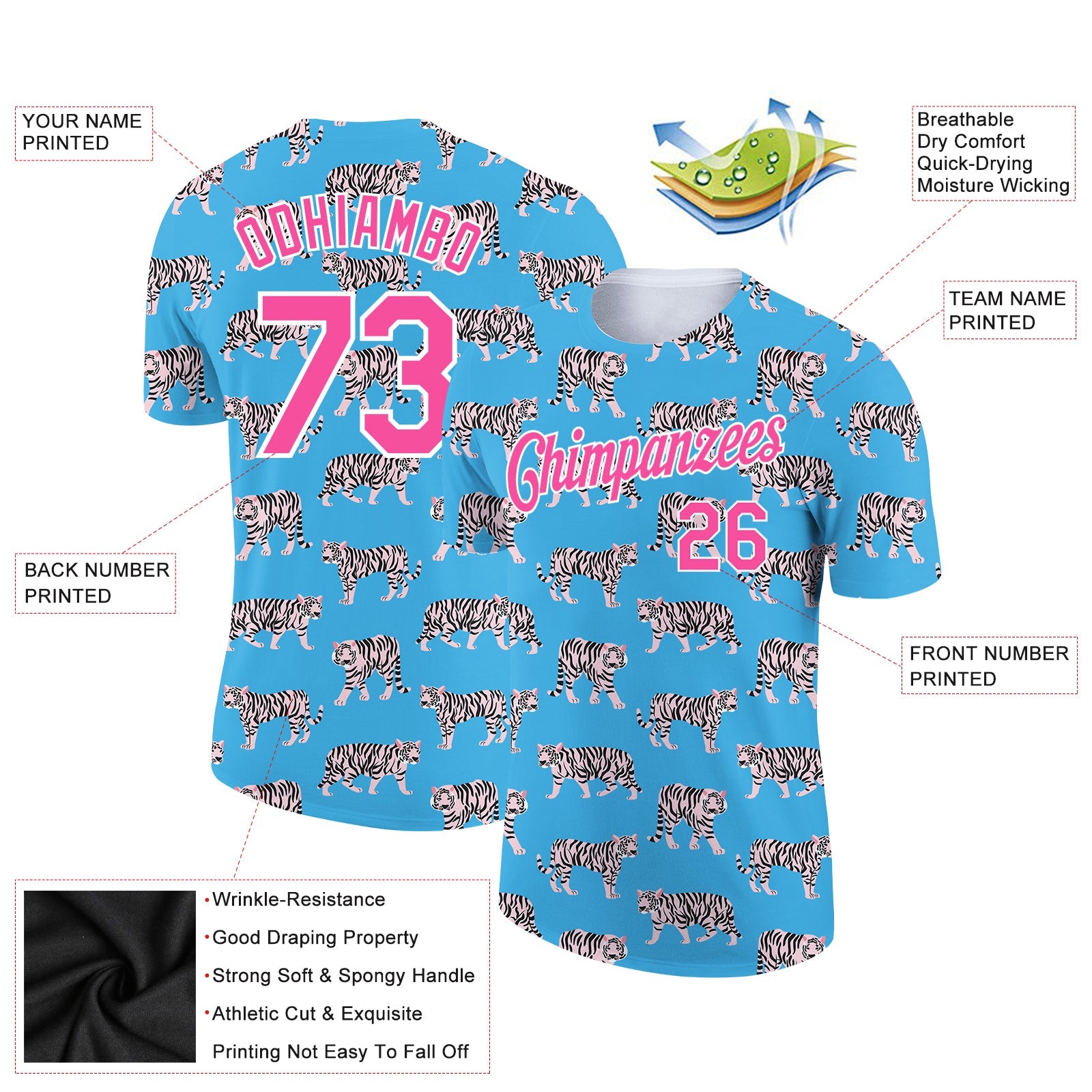 Custom Light Blue Pink-White 3D Pattern Design Tiger Performance T-Shirt view 2