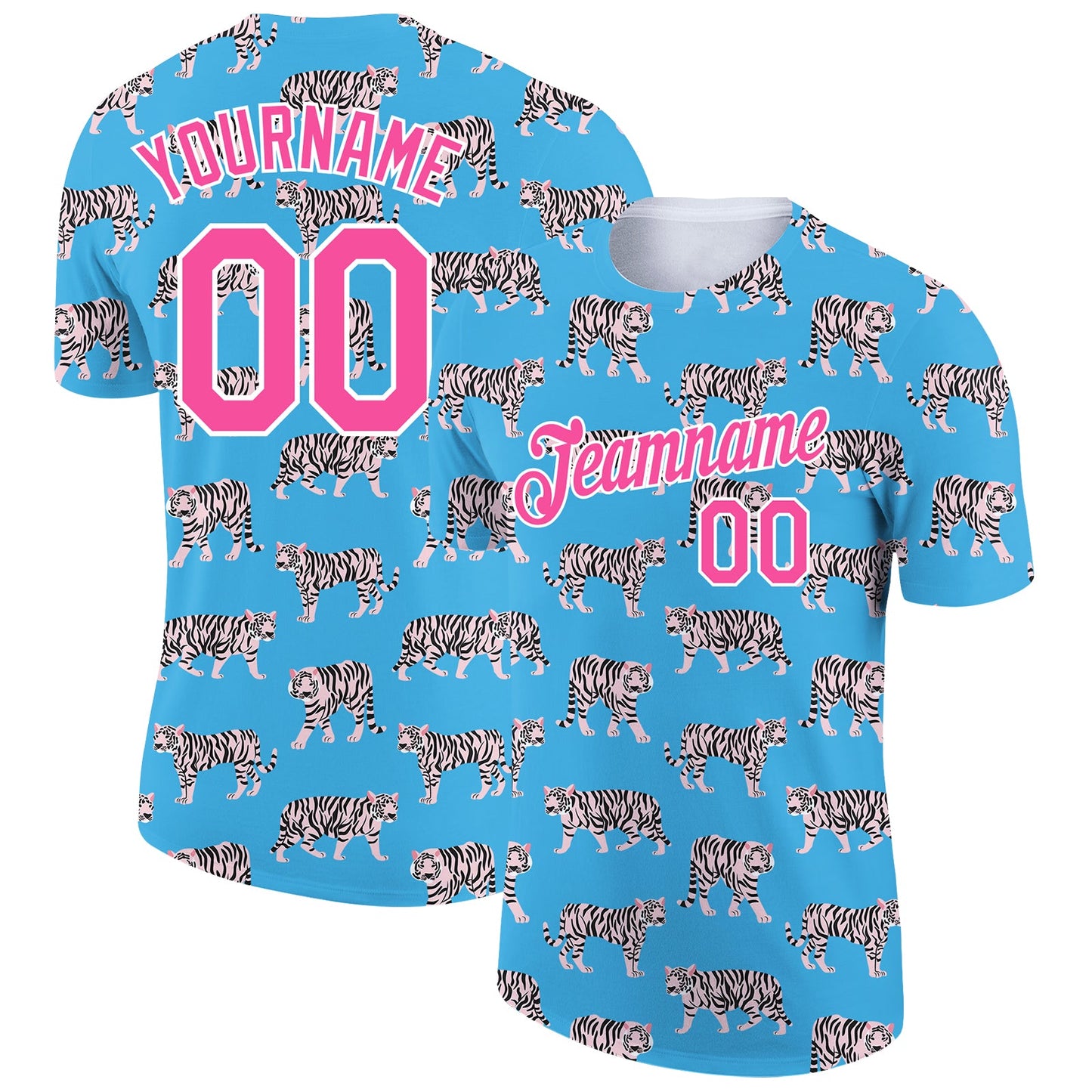 Custom Light Blue Pink-White 3D Pattern Design Tiger Performance T-Shirt - Main View