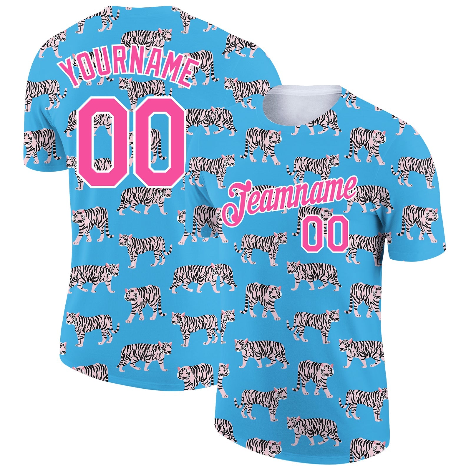 Custom Light Blue Pink-White 3D Pattern Design Tiger Performance T-Shirt - Main View