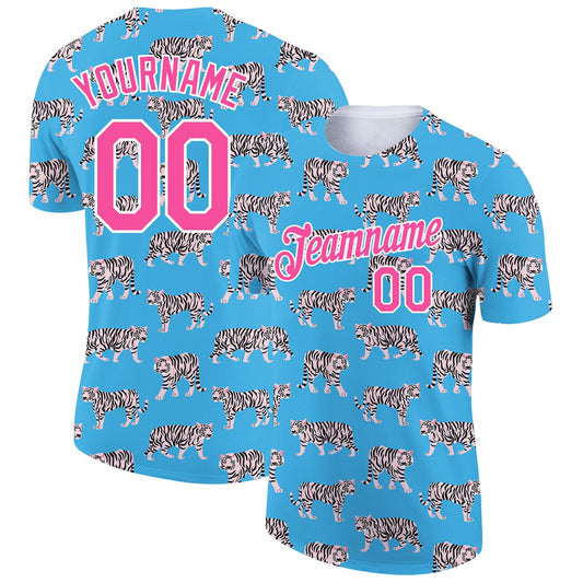 Custom Light Blue Pink-White 3D Pattern Design Tiger Performance T-Shirt - Main View