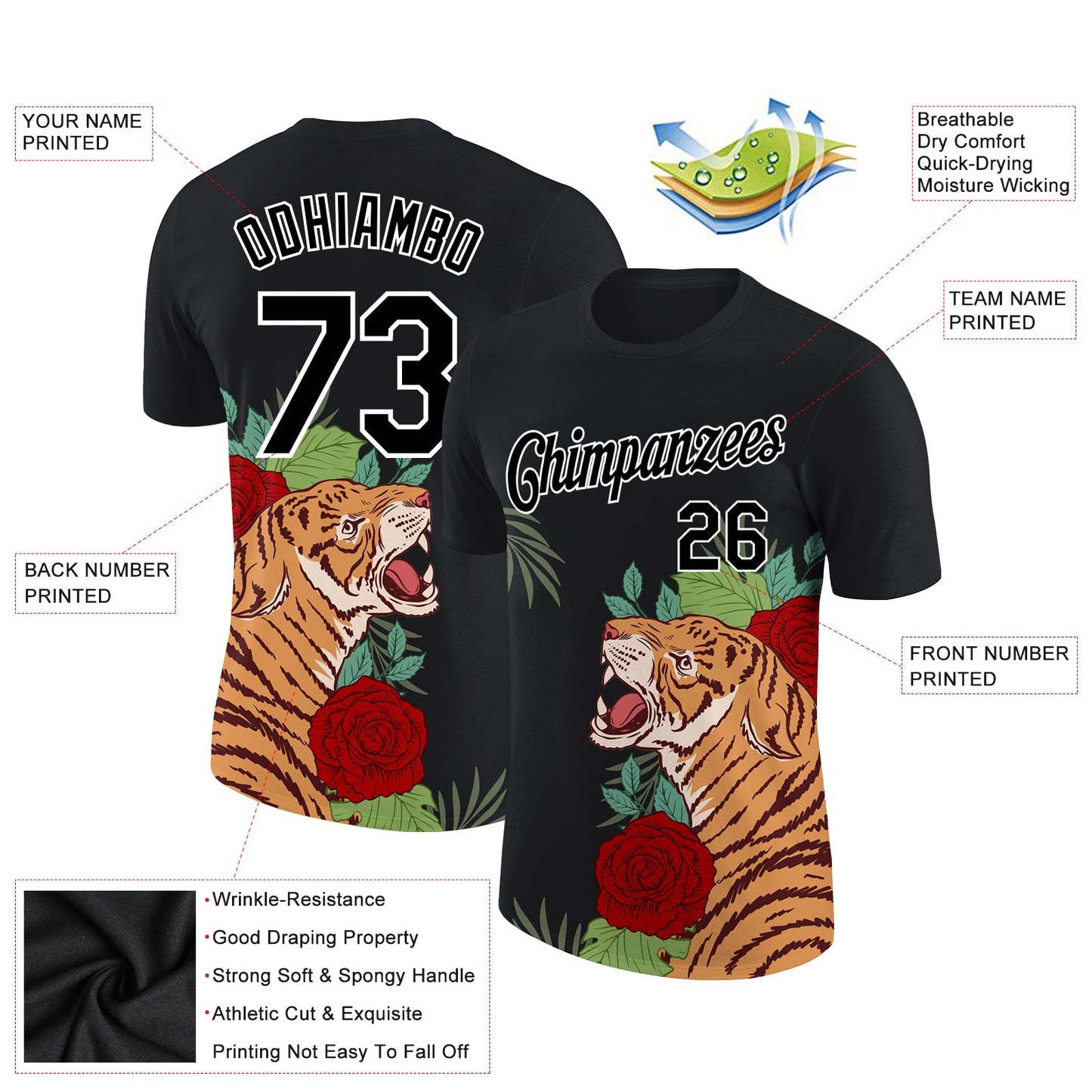 Custom Black White 3D Pattern Design Tiger Performance T-Shirt view 2