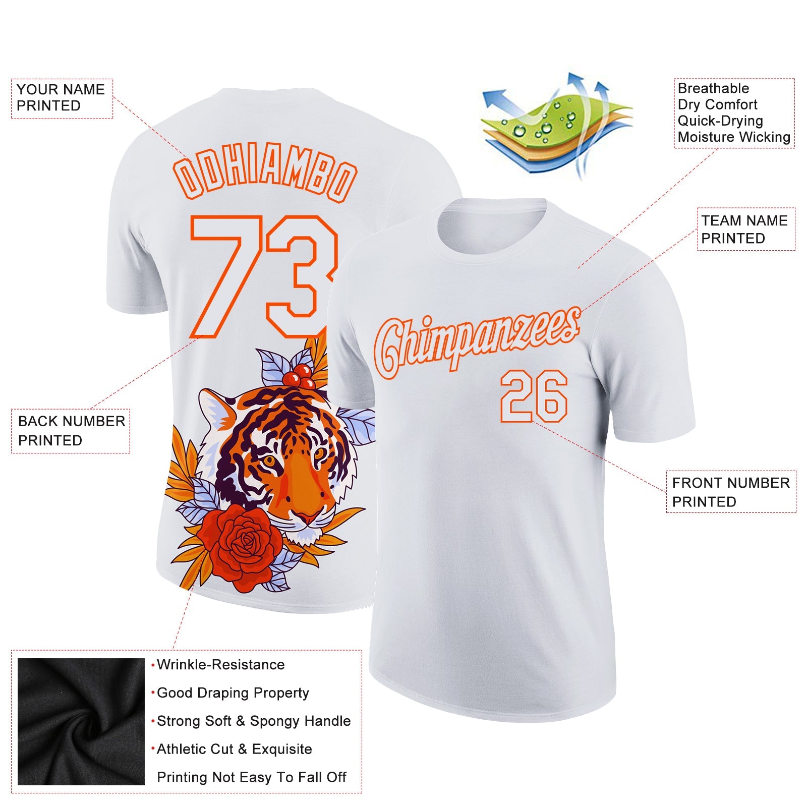 Custom White Orange 3D Pattern Design Tiger Performance T-Shirt view 2