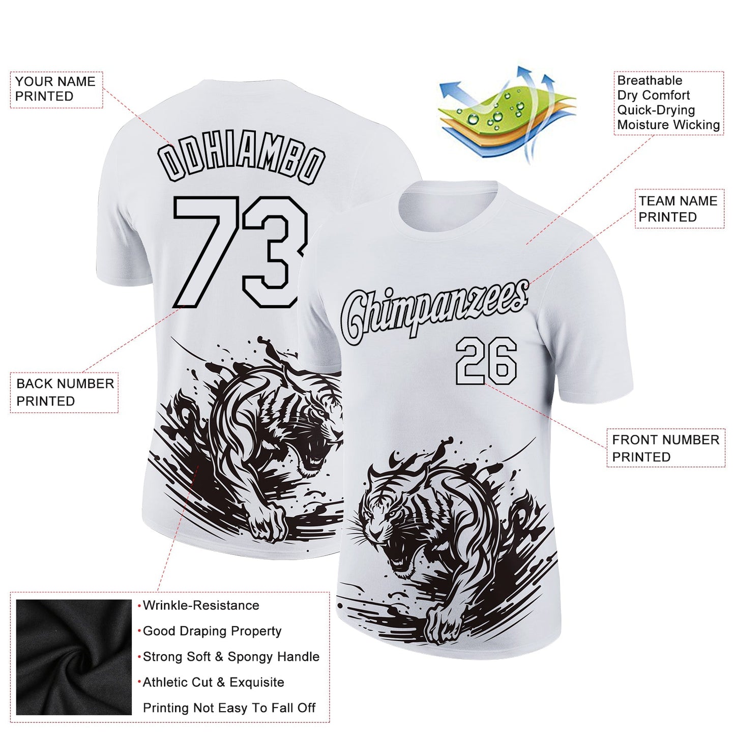 Custom White Black 3D Pattern Design Tiger Performance T-Shirt view 2