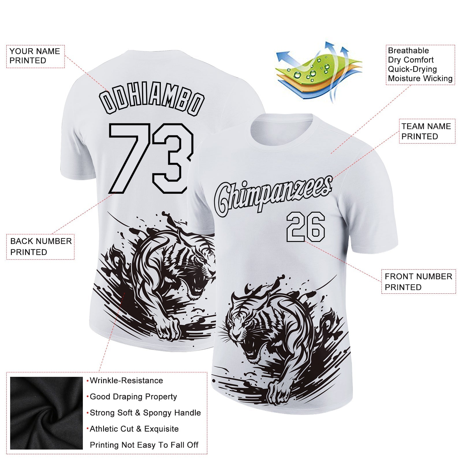 Custom White Black 3D Pattern Design Tiger Performance T-Shirt view 2