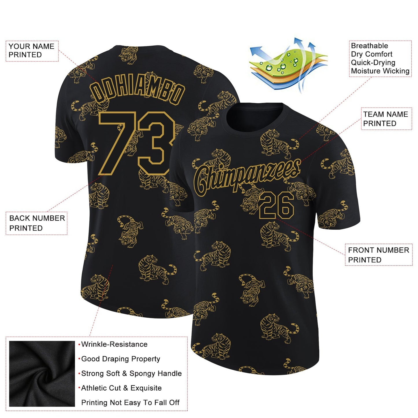 Custom Black Old Gold 3D Pattern Design Tiger Performance T-Shirt view 2