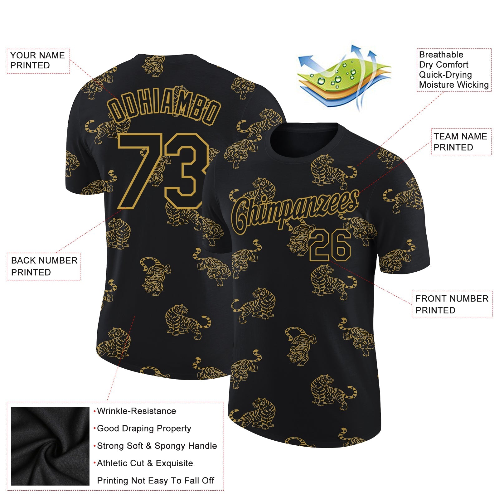 Custom Black Old Gold 3D Pattern Design Tiger Performance T-Shirt view 2