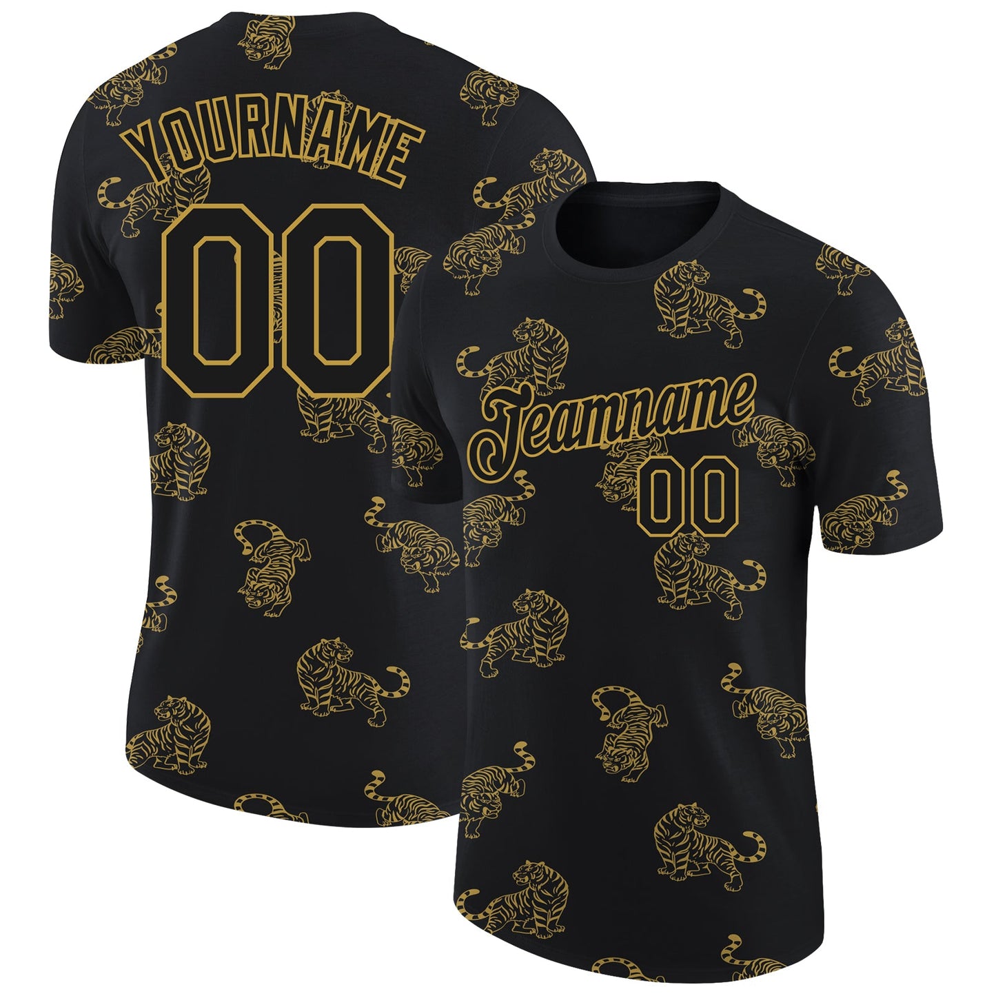 Custom Black Old Gold 3D Pattern Design Tiger Performance T-Shirt - Main View