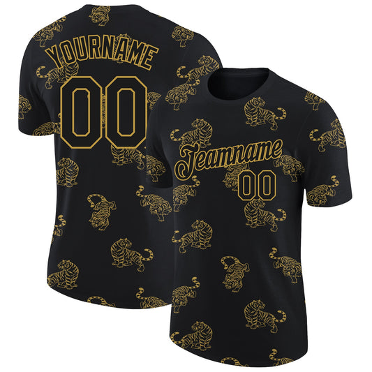 Custom Black Old Gold 3D Pattern Design Tiger Performance T-Shirt - Main View