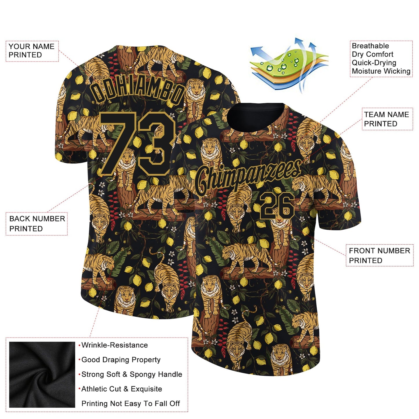 Custom Black Old Gold 3D Pattern Design Tiger Performance T-Shirt view 2