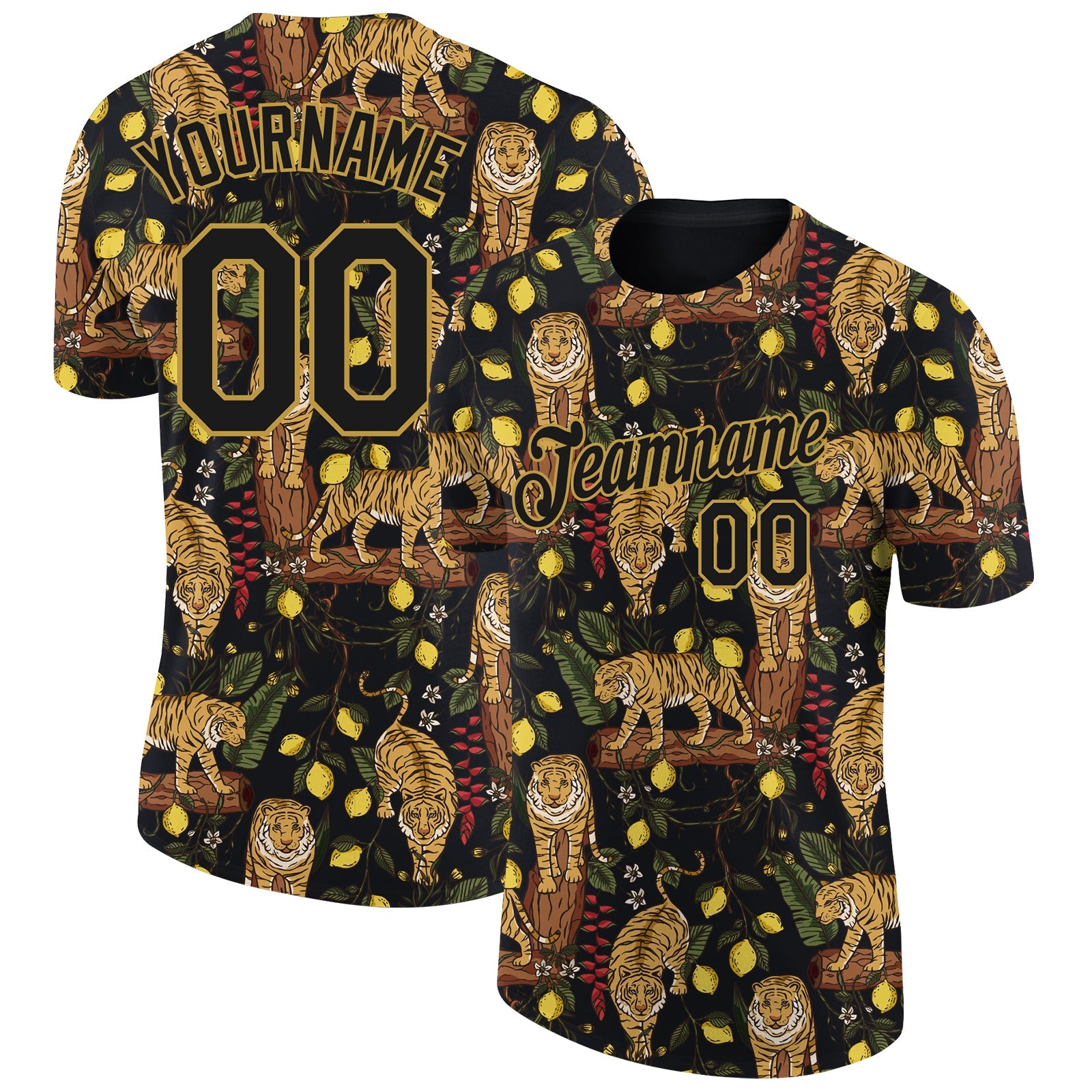 Custom Black Old Gold 3D Pattern Design Tiger Performance T-Shirt - Main View