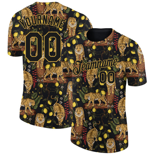 Custom Black Old Gold 3D Pattern Design Tiger Performance T-Shirt - Main View