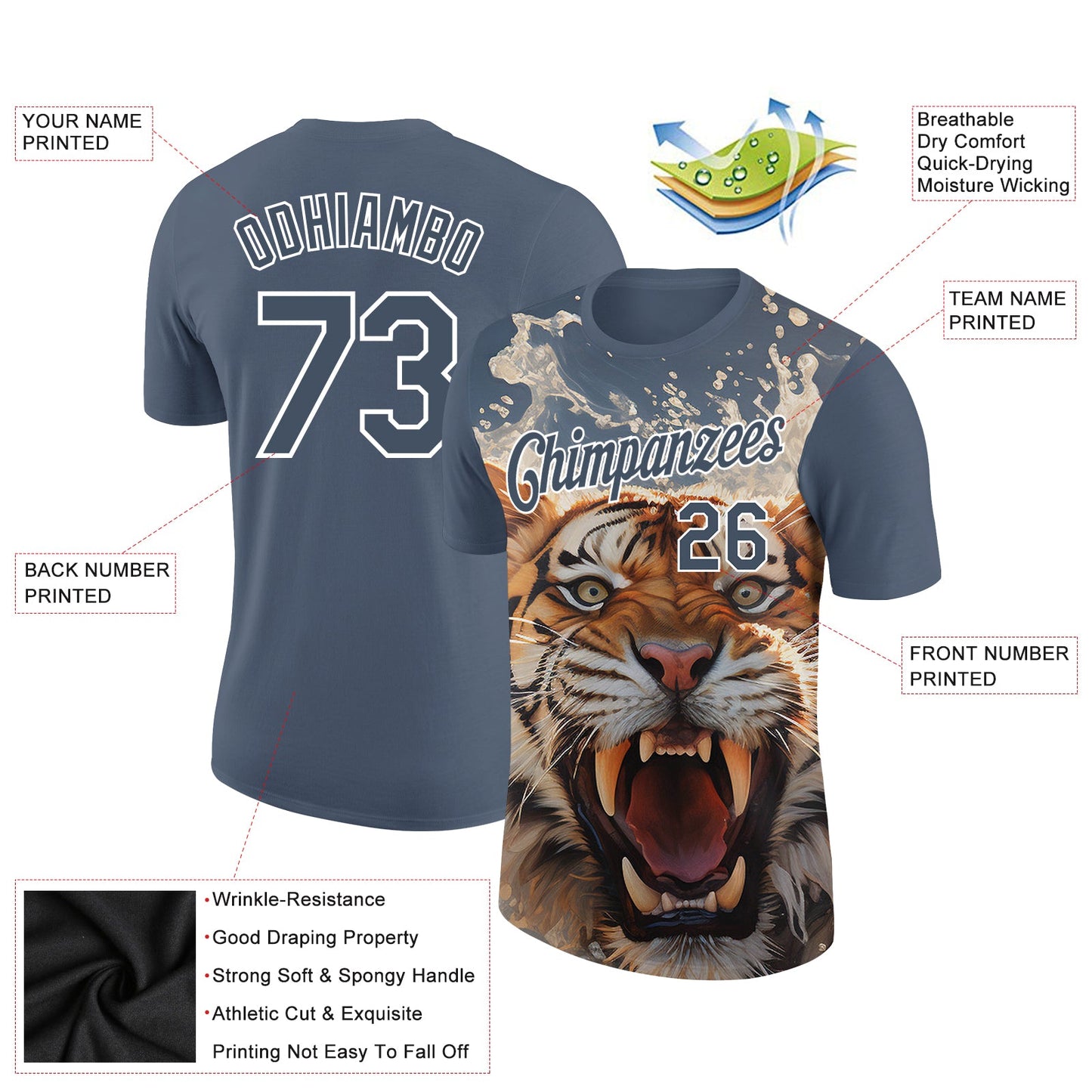Custom US Navy Blue White 3D Pattern Design Tiger Performance T-Shirt view 2