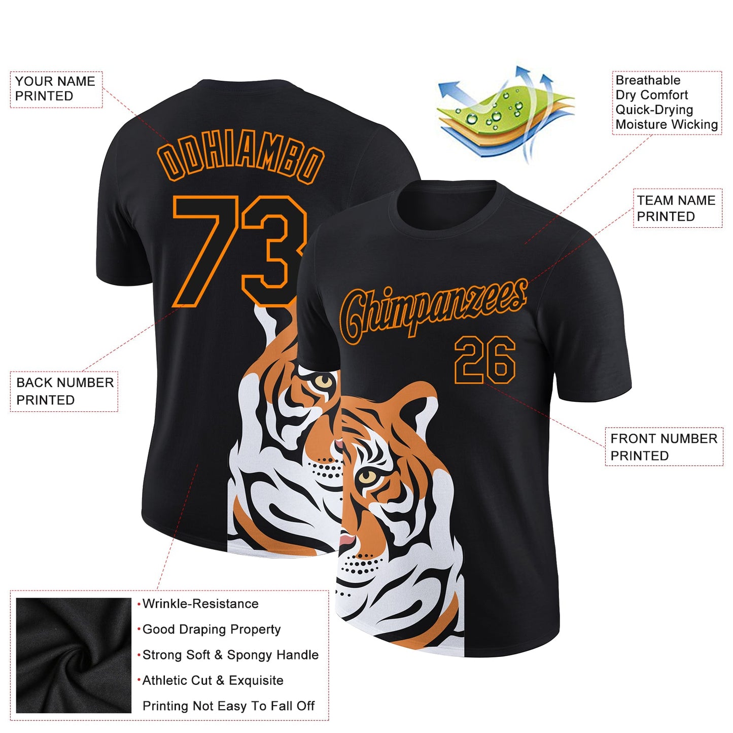 Custom Black Bay Orange 3D Pattern Design Tiger Performance T-Shirt view 2
