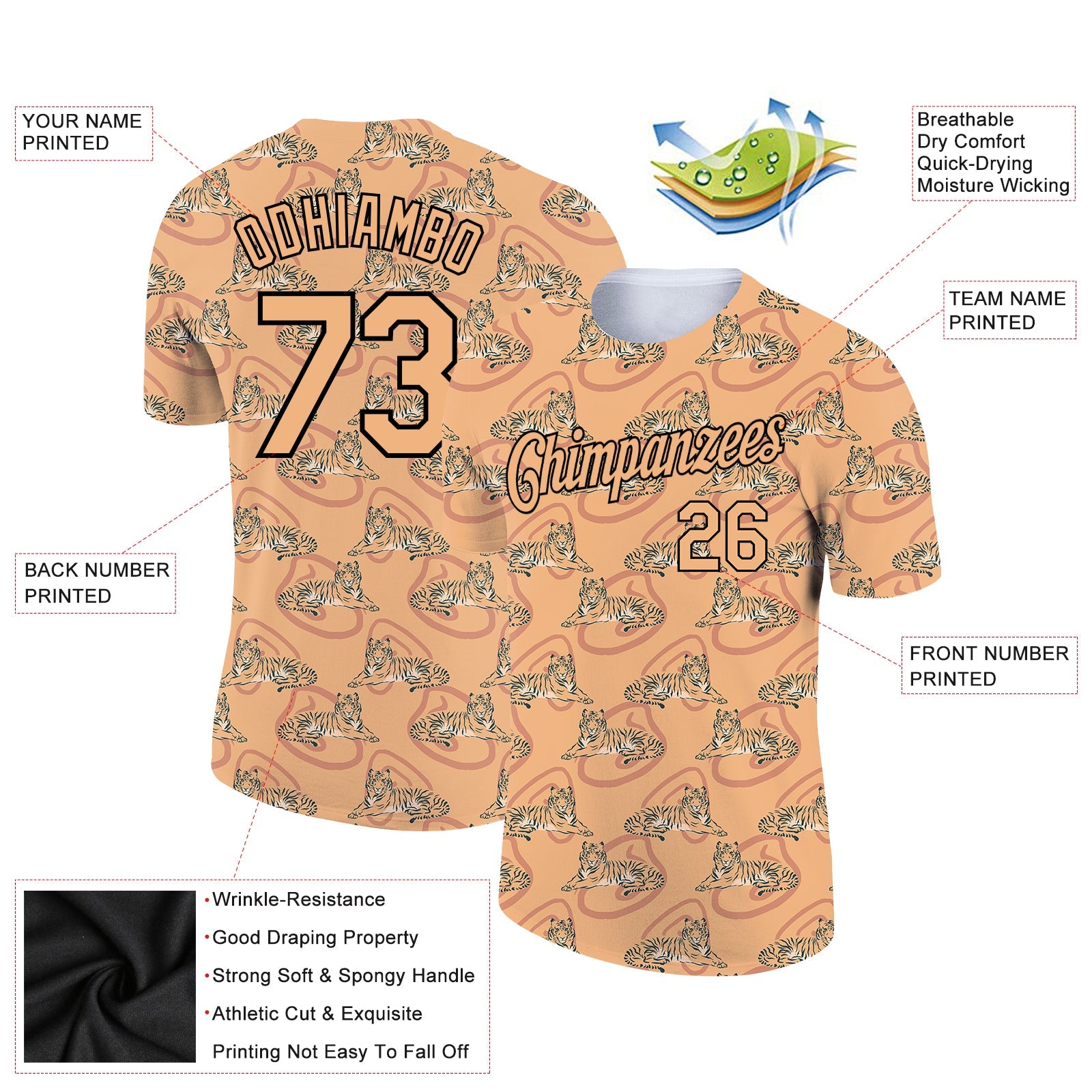 Custom Vegas Gold Black 3D Pattern Design Tiger Performance T-Shirt view 2
