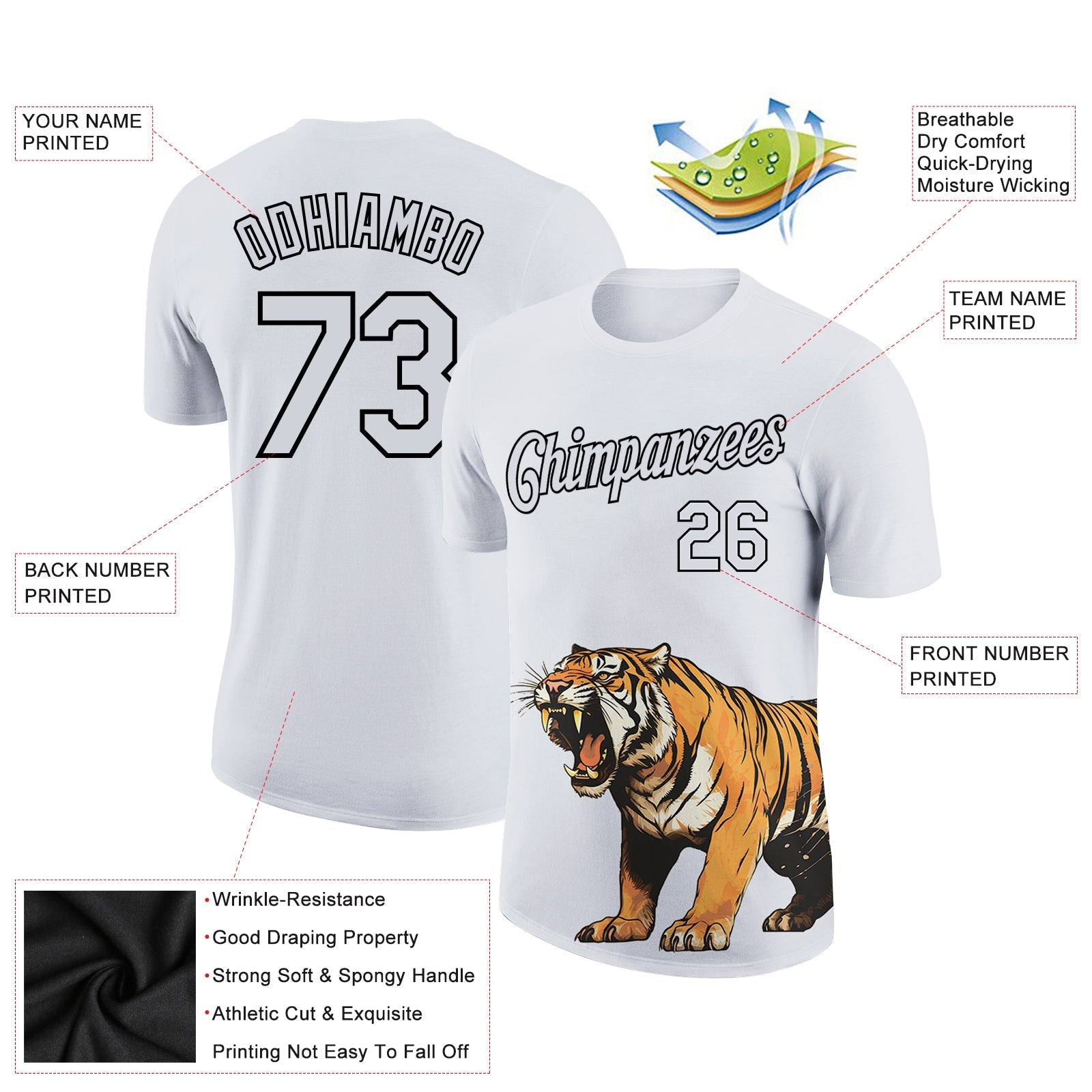 Custom White Black 3D Pattern Design Tiger Performance T-Shirt view 2