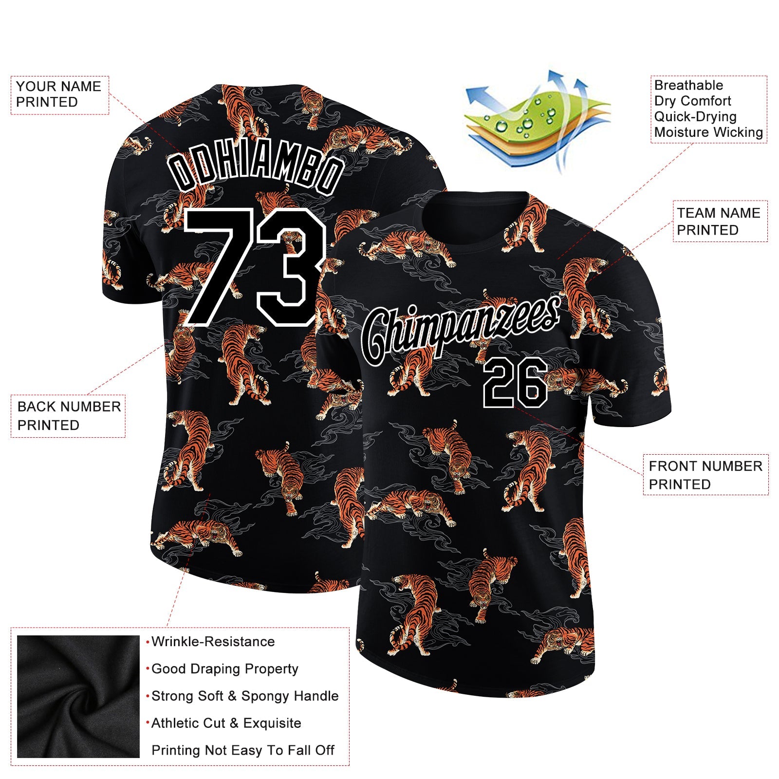 Custom Black White 3D Pattern Design Tiger Performance T-Shirt view 2