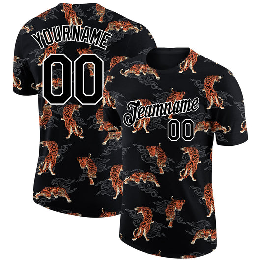 Custom Black White 3D Pattern Design Tiger Performance T-Shirt - Main View