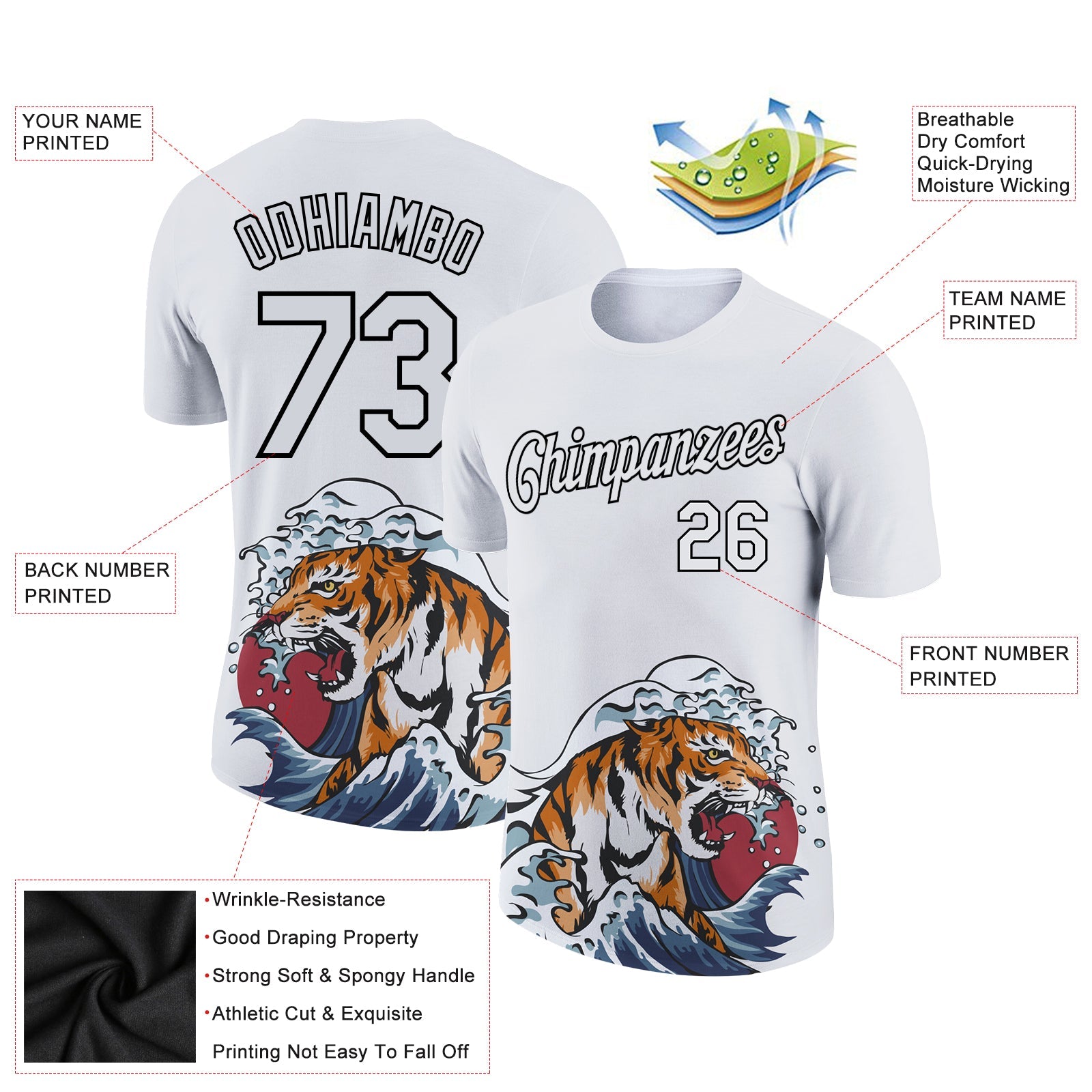 Custom White Black 3D Pattern Design Tiger Performance T-Shirt view 3