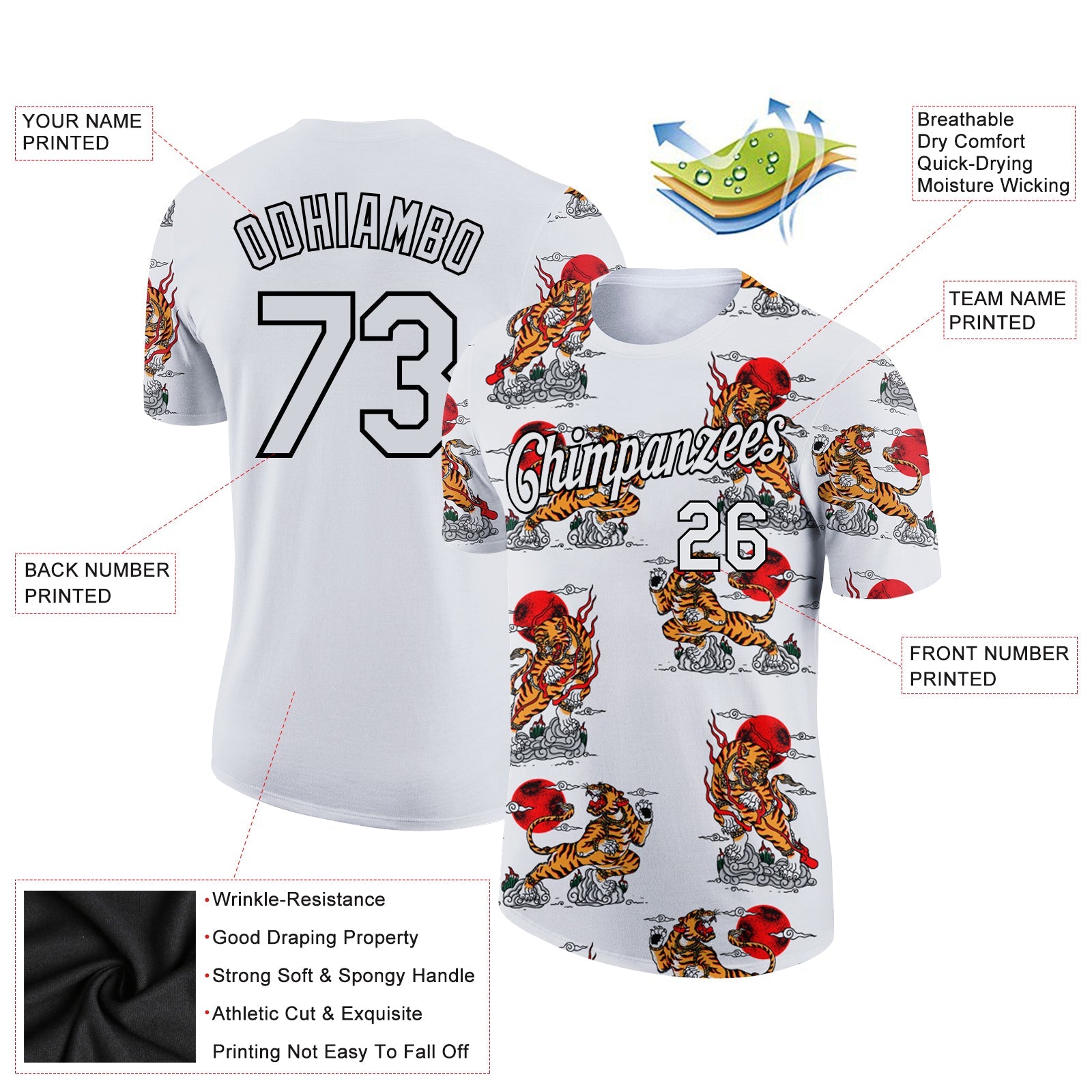 Custom White Black 3D Pattern Design Tiger Performance T-Shirt view 2