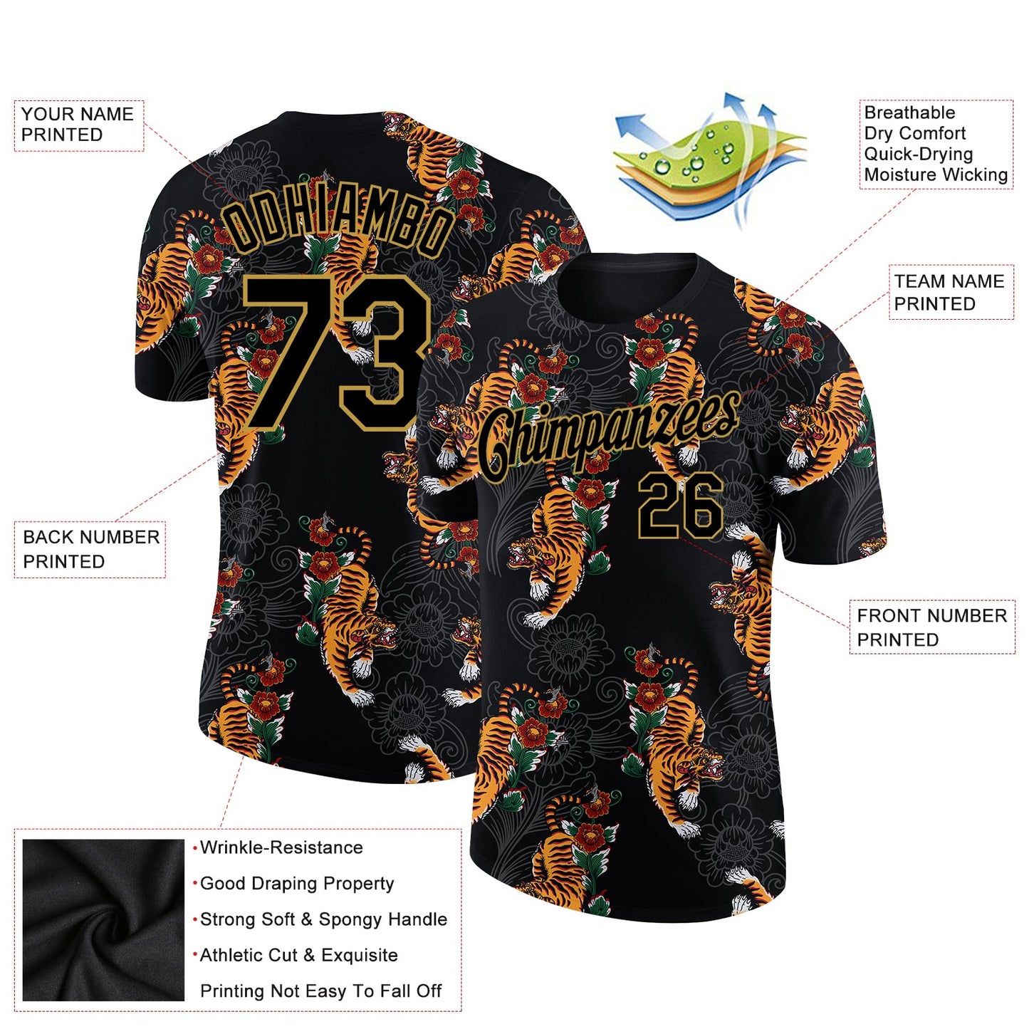 Custom Black Old Gold 3D Pattern Design Tiger Performance T-Shirt view 2