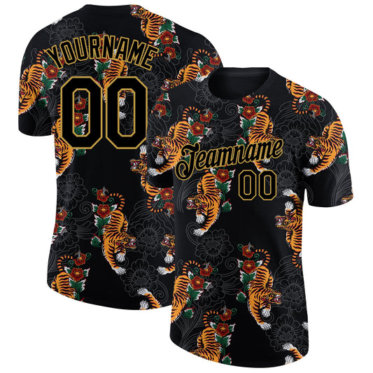 Custom Black Old Gold 3D Pattern Design Tiger Performance T-Shirt - Main View