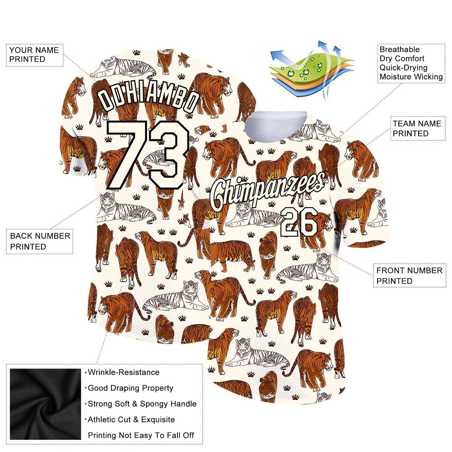 Custom Cream Black 3D Pattern Design Tiger Performance T-Shirt view 2