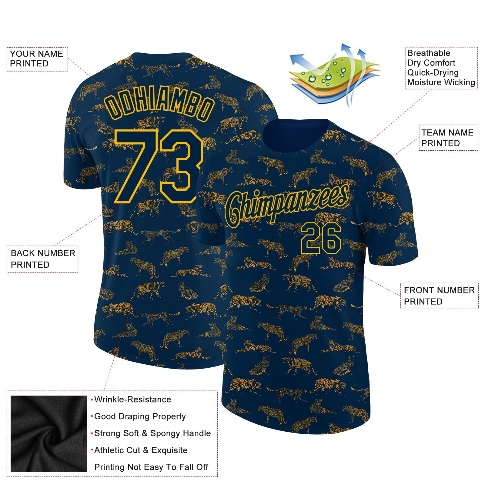 Custom Navy Gold 3D Pattern Design Tiger Performance T-Shirt view 2