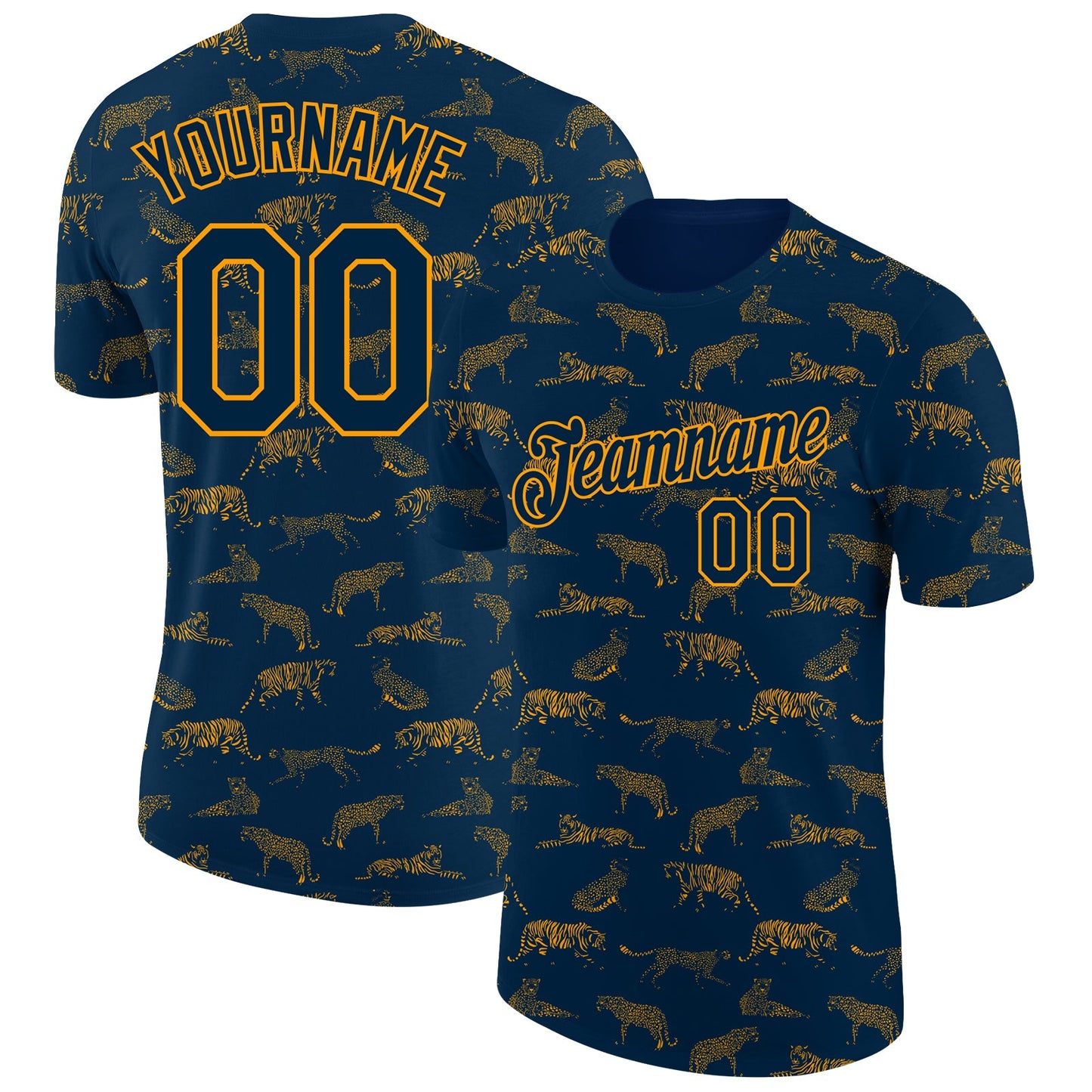 Custom Navy Gold 3D Pattern Design Tiger Performance T-Shirt - Main View