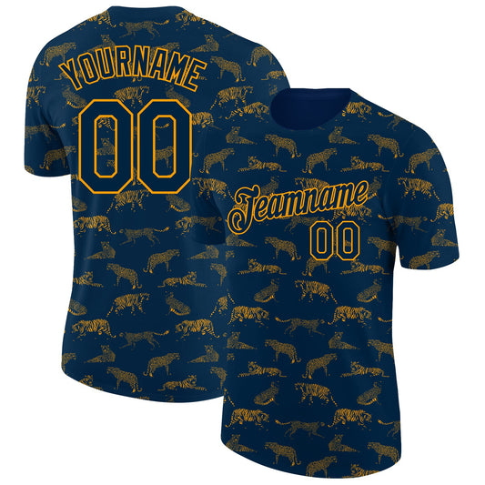 Custom Navy Gold 3D Pattern Design Tiger Performance T-Shirt - Main View