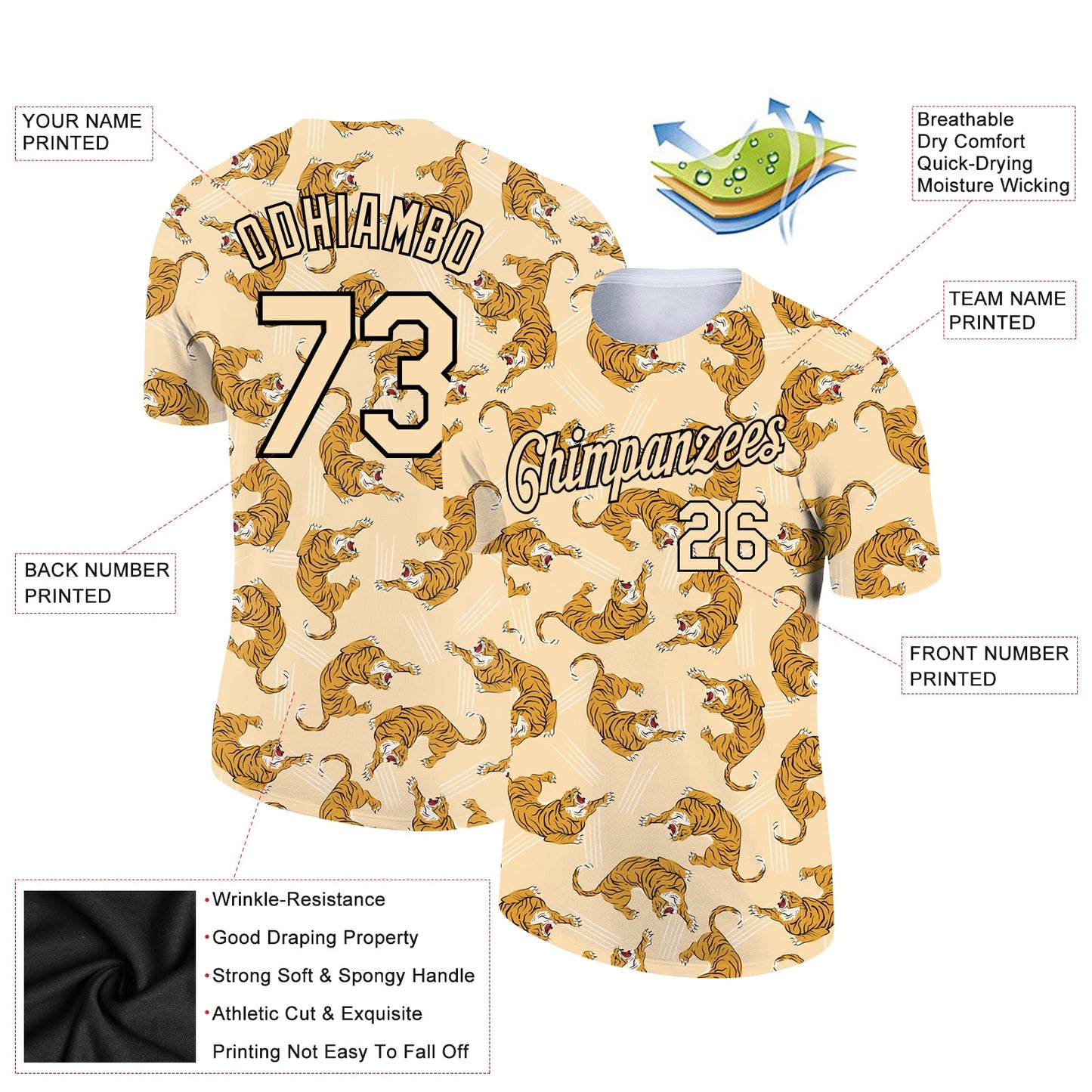Custom Vegas Gold Black 3D Pattern Design Tiger Performance T-Shirt view 2
