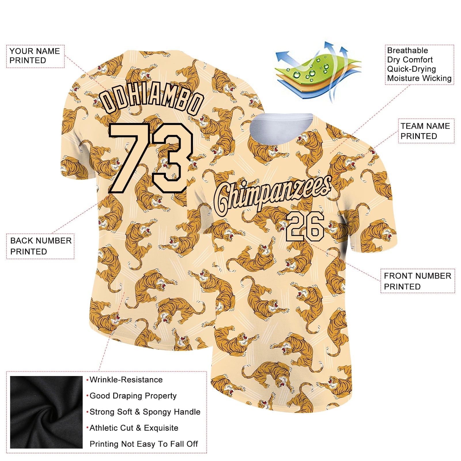 Custom Vegas Gold Black 3D Pattern Design Tiger Performance T-Shirt view 2