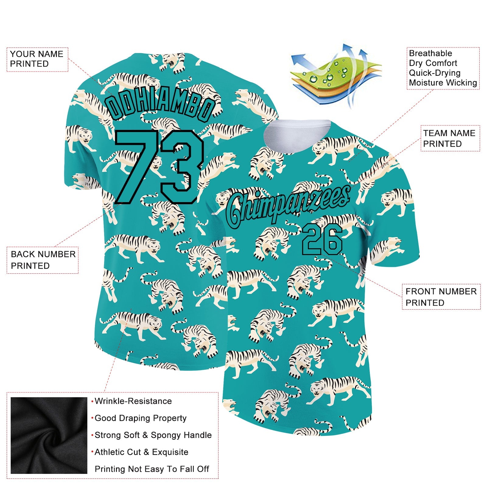 Custom Aqua Black 3D Pattern Design Tiger Performance T-Shirt view 2
