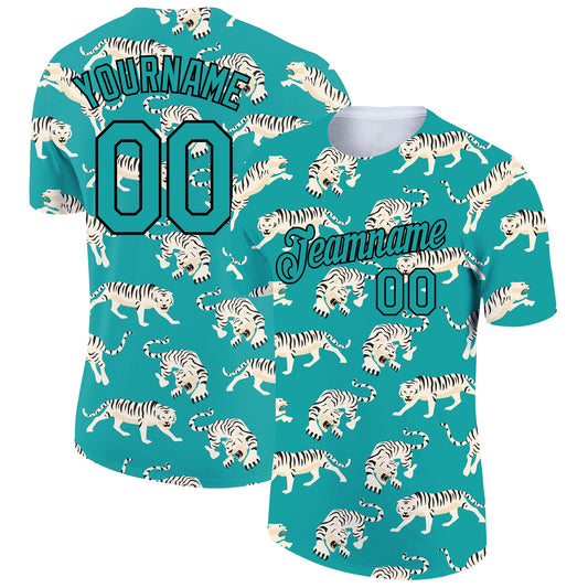 Custom Aqua Black 3D Pattern Design Tiger Performance T-Shirt - Main View