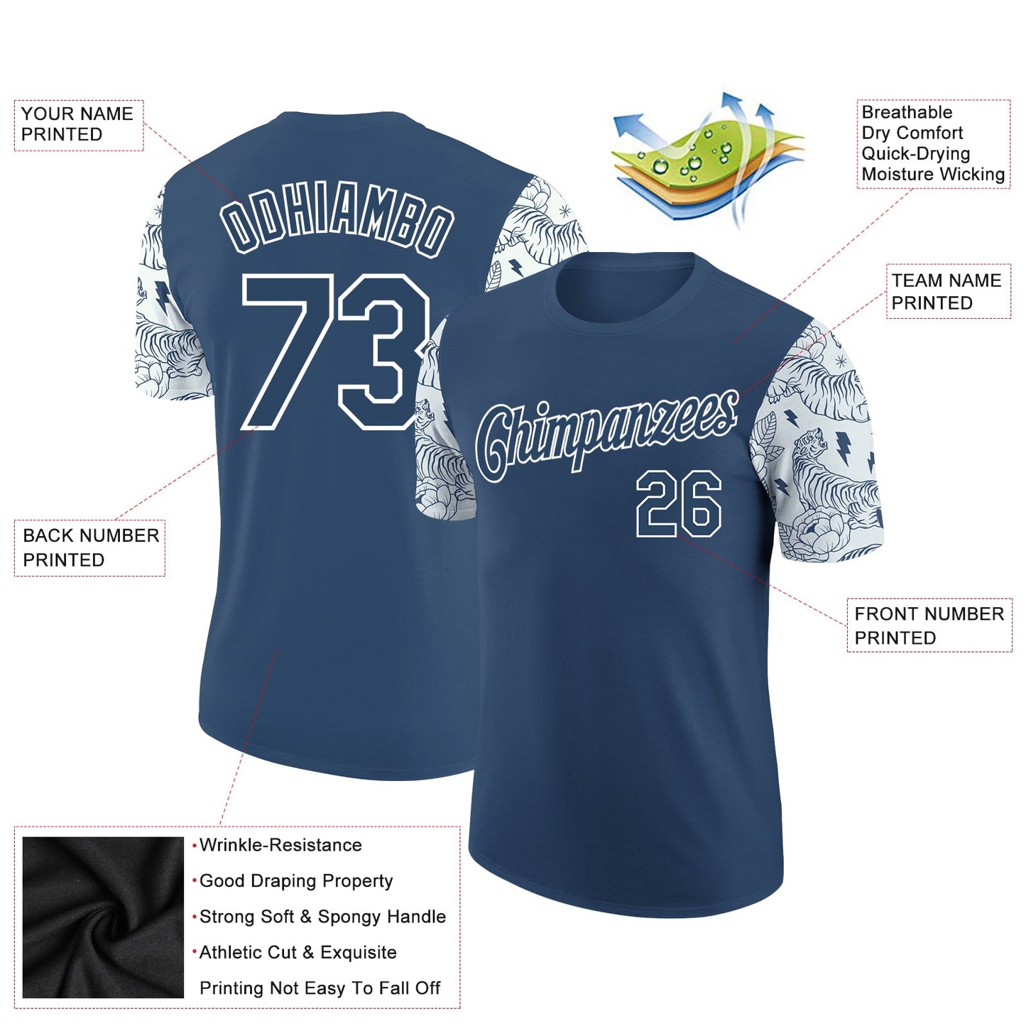Custom Blue White 3D Pattern Design Tiger Performance T-Shirt view 2