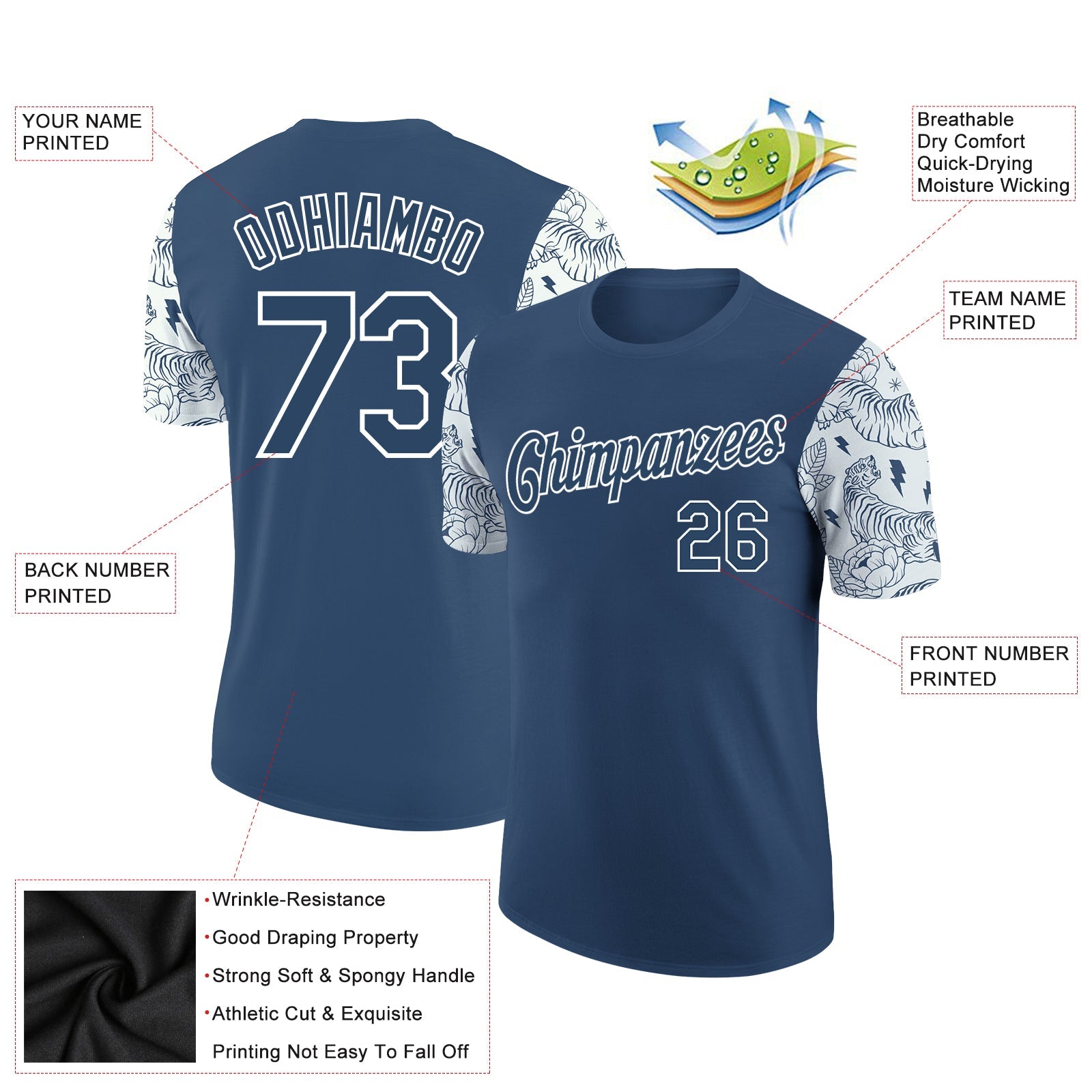 Custom Blue White 3D Pattern Design Tiger Performance T-Shirt view 2