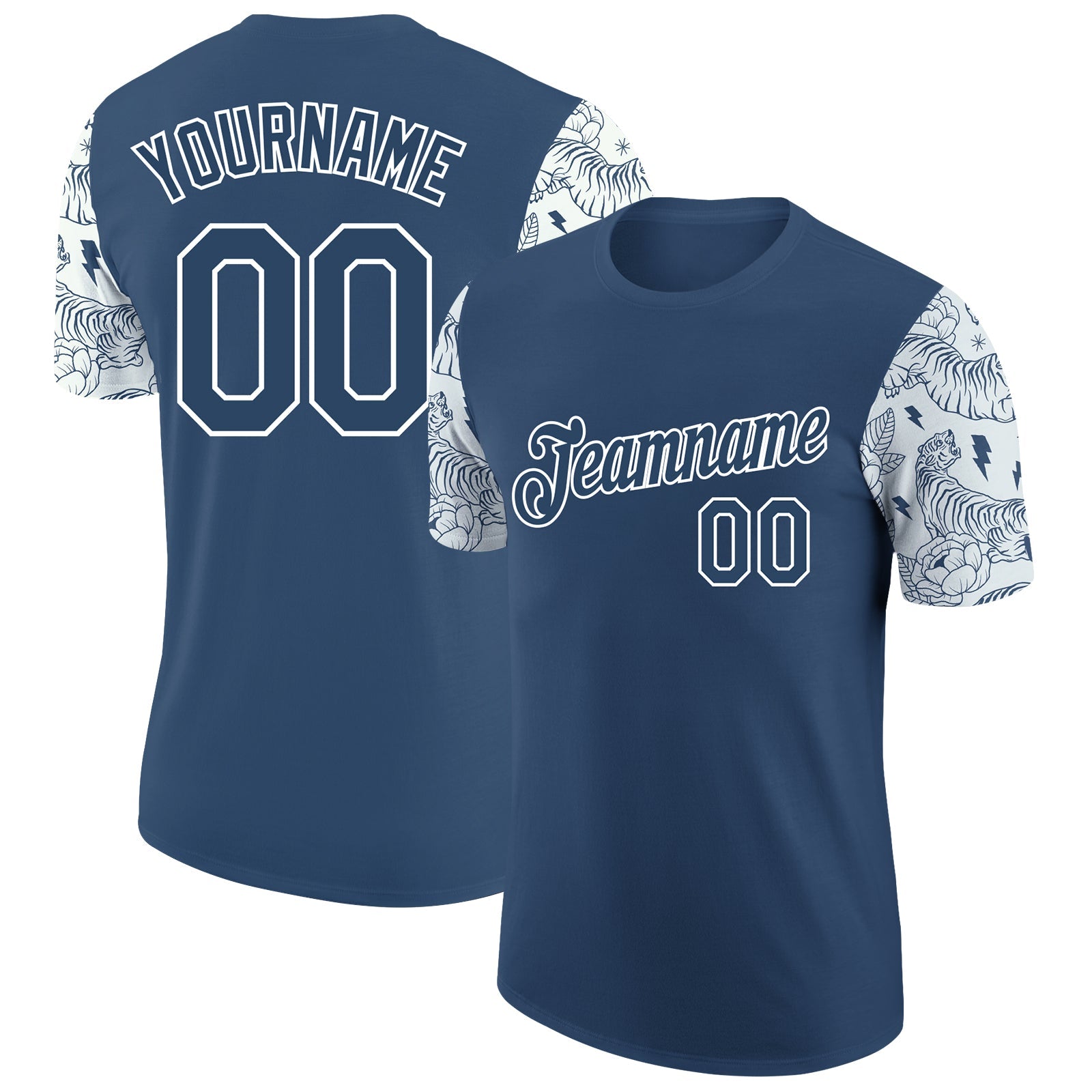 Custom Blue White 3D Pattern Design Tiger Performance T-Shirt - Main View