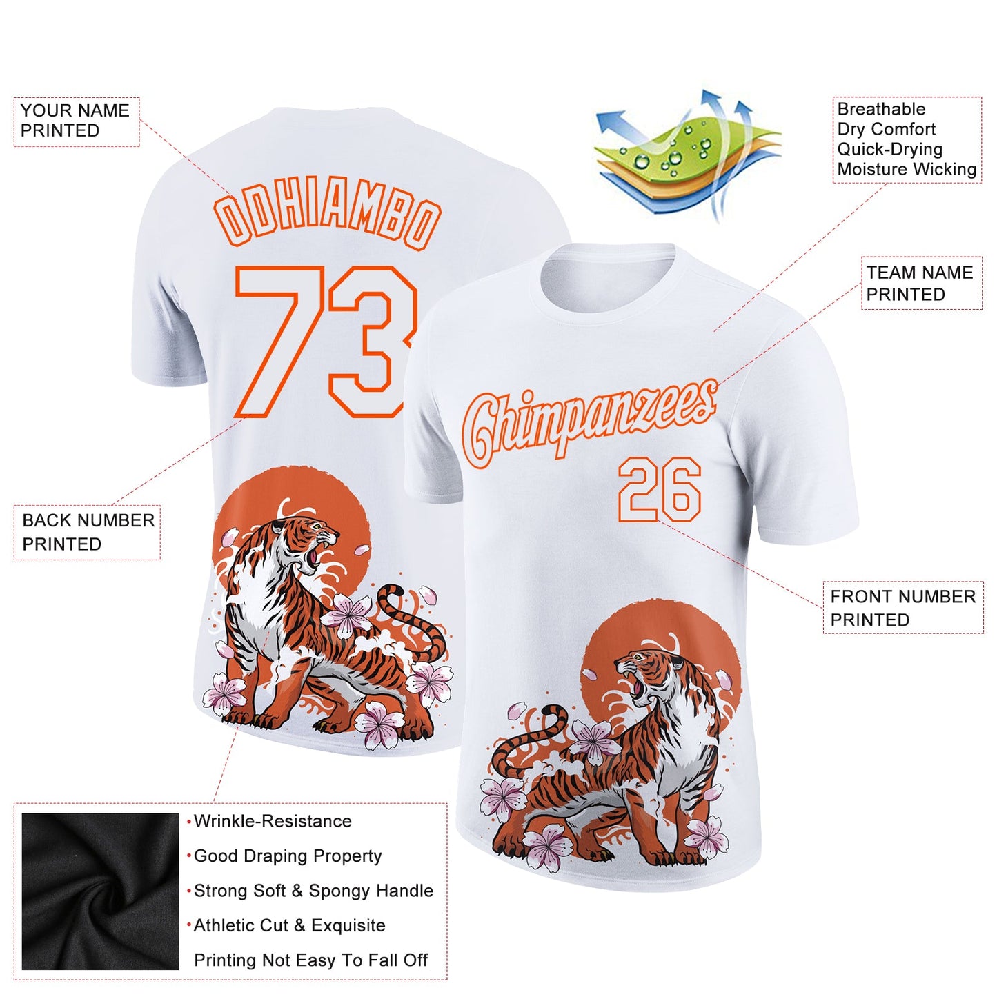 Custom White Orange 3D Pattern Design Tiger Performance T-Shirt view 2