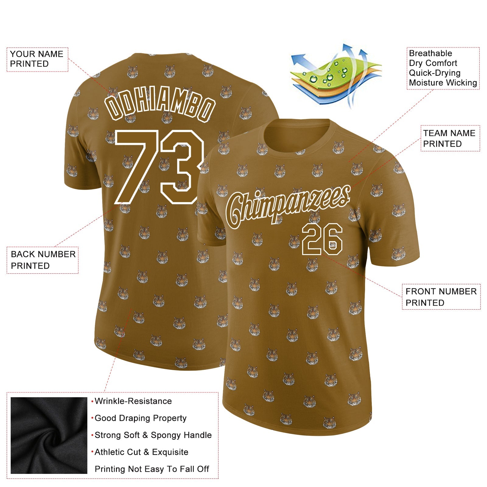 Custom Old Gold White 3D Pattern Design Tiger Performance T-Shirt view 2