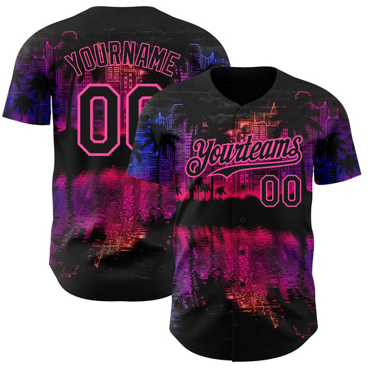 Custom Black Pink 3D Pattern Design Hawaii Palm Trees Authentic Baseball Jersey - Main View