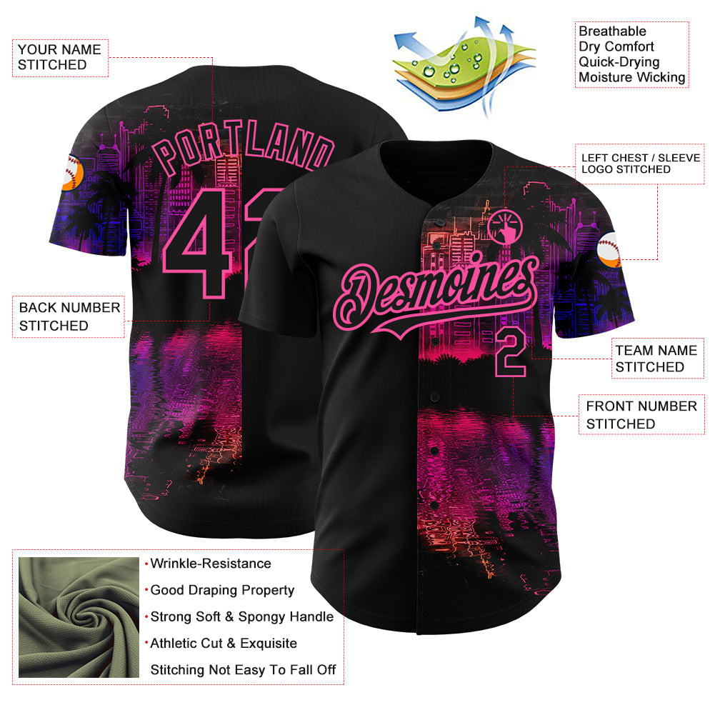 Custom Black Pink 3D Pattern Design Hawaii Palm Trees Authentic Baseball Jersey view 3
