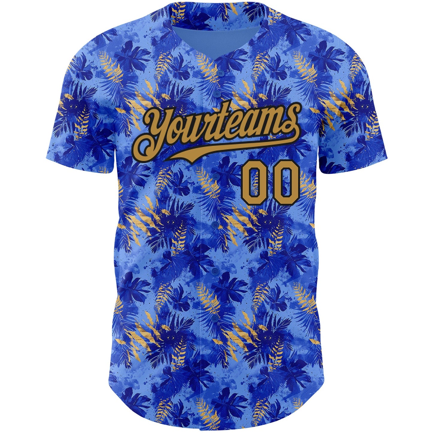 Custom Light Blue Old Gold-Black 3D Pattern Design Tropical Hawaii Palm Leaves Authentic Baseball Jersey view 2