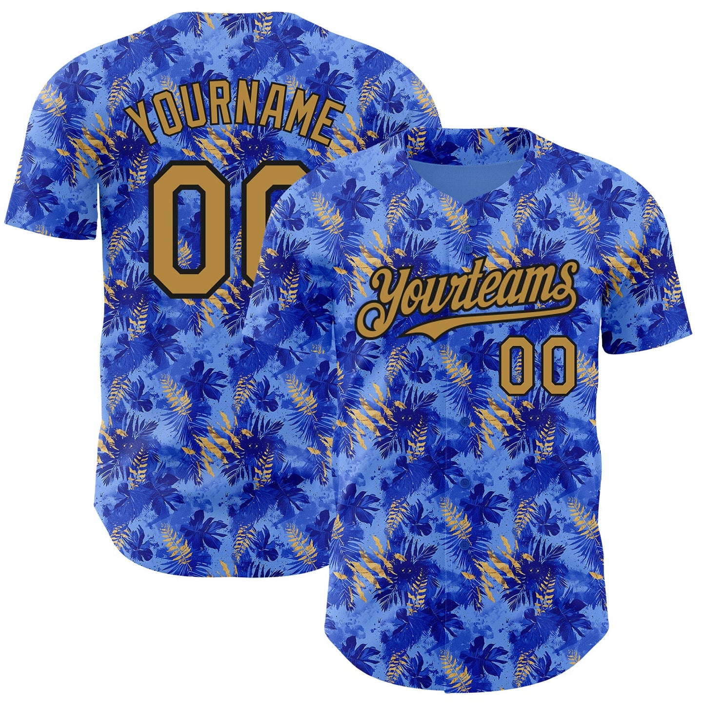 Custom Light Blue Old Gold-Black 3D Pattern Design Tropical Hawaii Palm Leaves Authentic Baseball Jersey - Main View