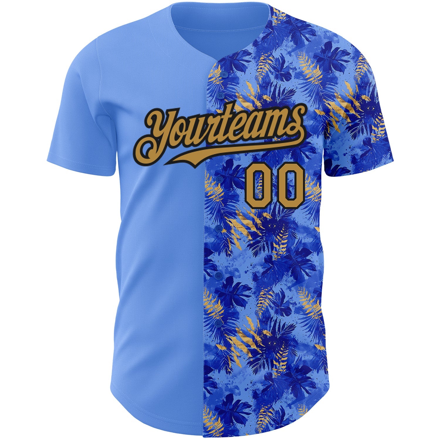 Custom Light Blue Old Gold-Black 3D Pattern Design Tropical Hawaii Palm Leaves Authentic Baseball Jersey view 2