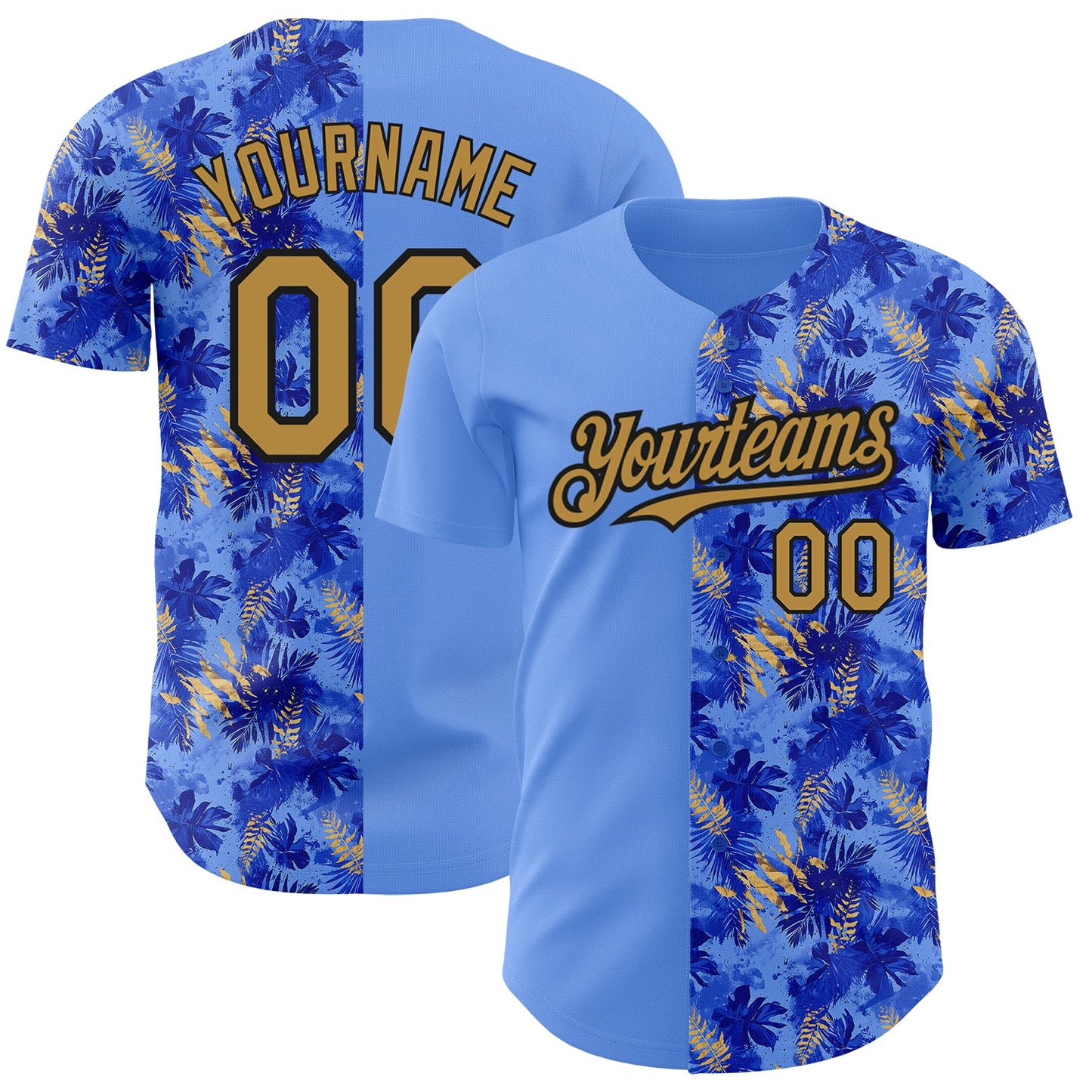 Custom Light Blue Old Gold-Black 3D Pattern Design Tropical Hawaii Palm Leaves Authentic Baseball Jersey - Main View