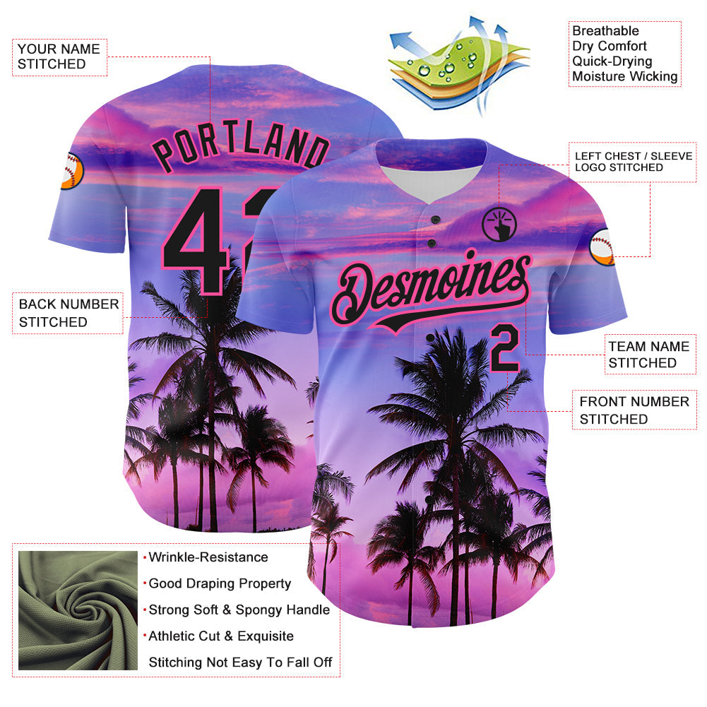 Custom Purple Black-Pink 3D Pattern Design Hawaii Palm Trees Authentic Baseball Jersey view 3