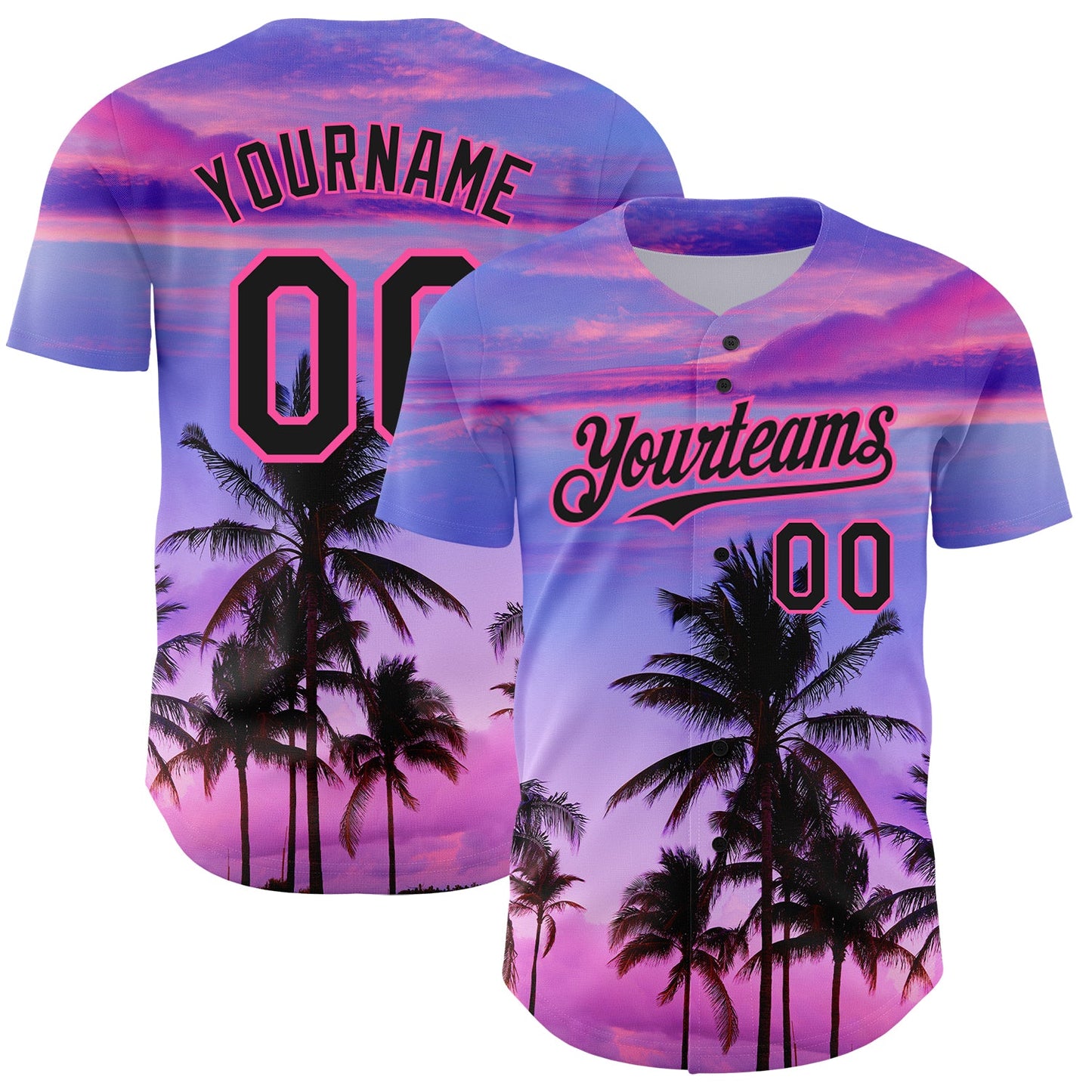 Custom Purple Black-Pink 3D Pattern Design Hawaii Palm Trees Authentic Baseball Jersey - Main View
