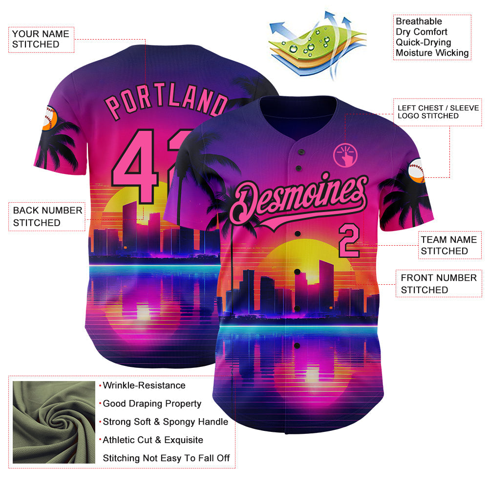 Custom Purple Pink-Black 3D Miami Palm Trees City Edition Authentic Baseball Jersey view 3