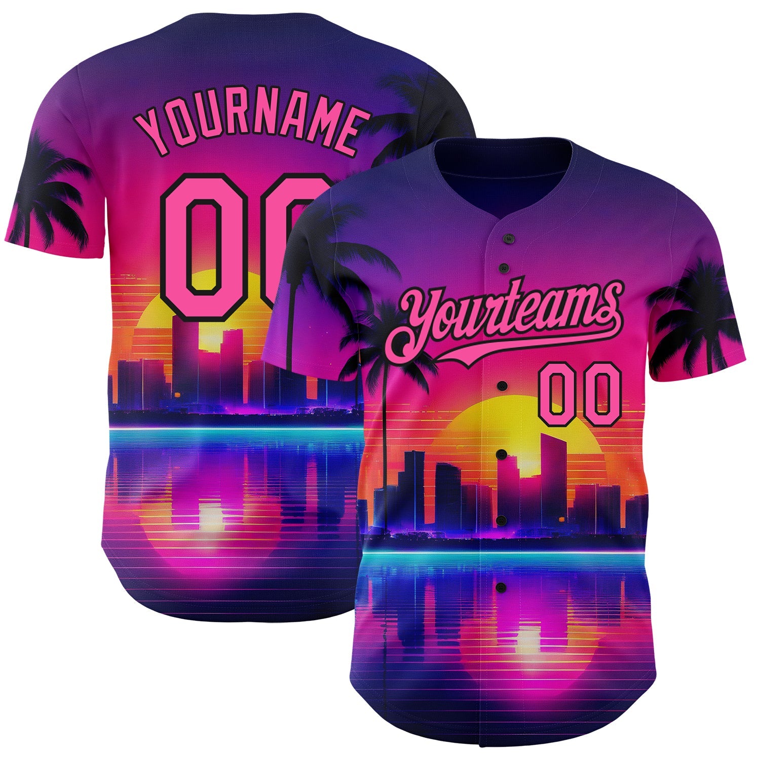 Custom Purple Pink-Black 3D Miami Palm Trees City Edition Authentic Baseball Jersey - Main View